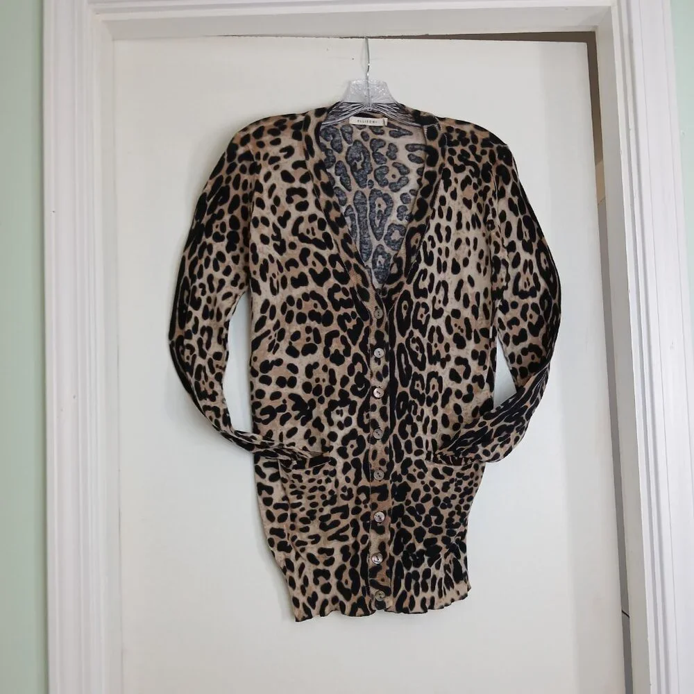 Leopard Print 100% Cotton V-Neck Abalone Button-Up Cardigan With Pockets Sz L - Picture 8 of 15